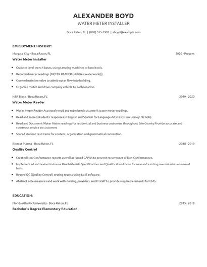 Water Meter Installer Resume