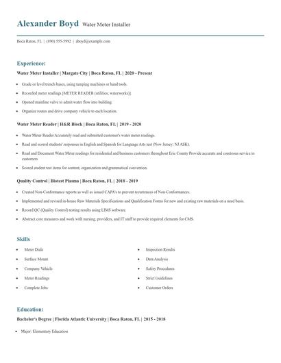 Water Meter Installer Resume