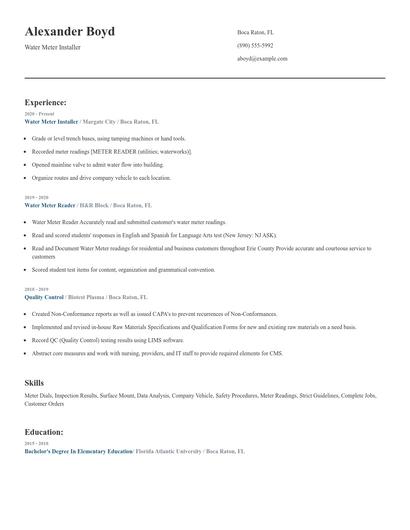 Water Meter Installer Resume