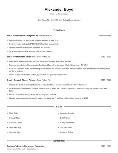 Water Meter Installer Resume