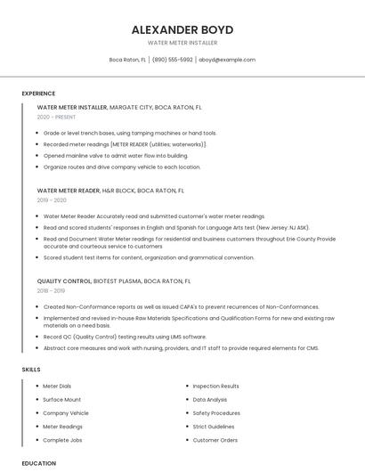Water Meter Installer Resume