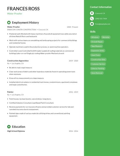 Water Proofer Resume