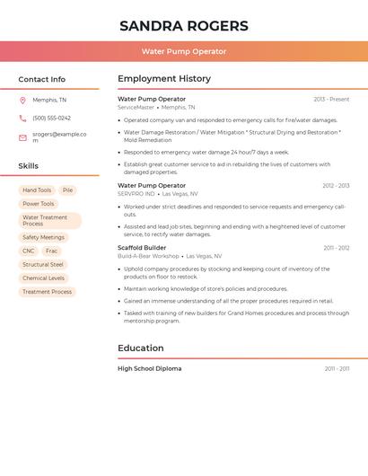 Water Pump Operator Resume