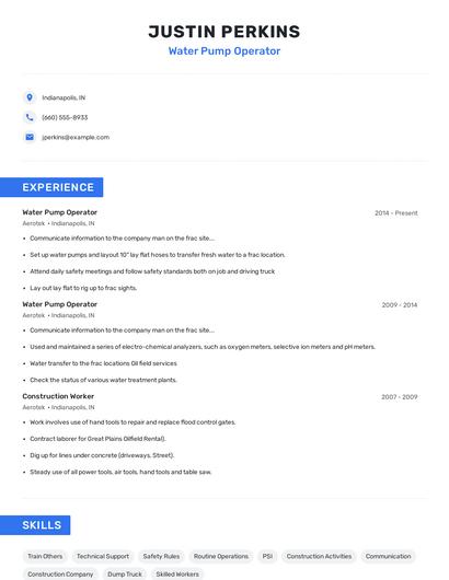 Water Pump Operator Resume