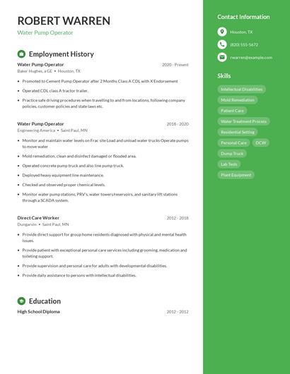 Water Pump Operator Resume