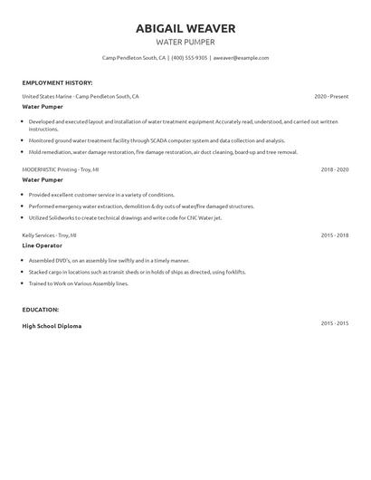 Water Pumper Resume