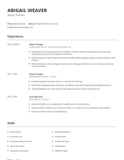 Water Pumper Resume