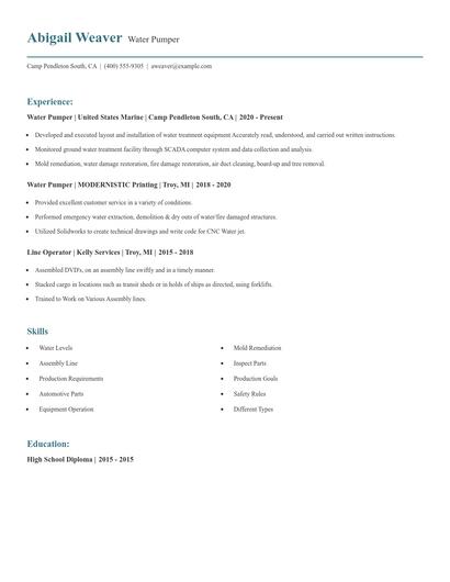 Water Pumper Resume
