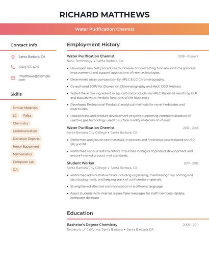 Water Purification Chemist Resume