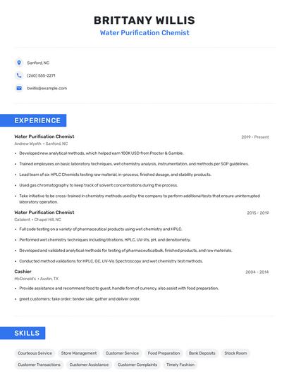 Water Purification Chemist Resume