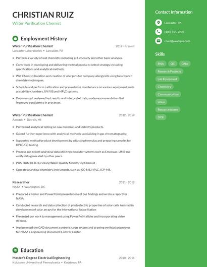 Water Purification Chemist Resume