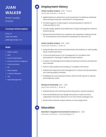 Water Quality Analyst Resume