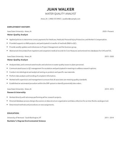 Water Quality Analyst Resume
