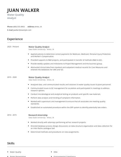 Water Quality Analyst Resume