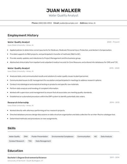 Water Quality Analyst Resume