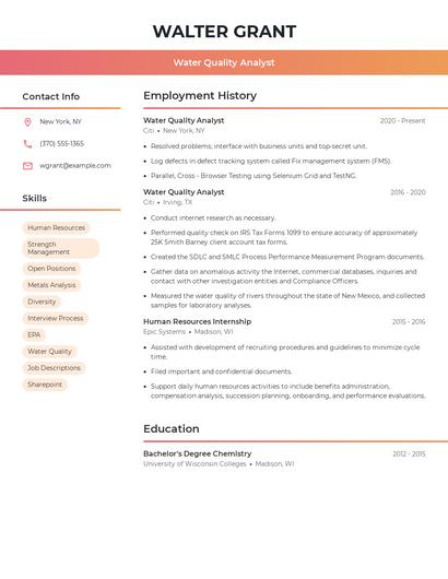 Water Quality Analyst Resume