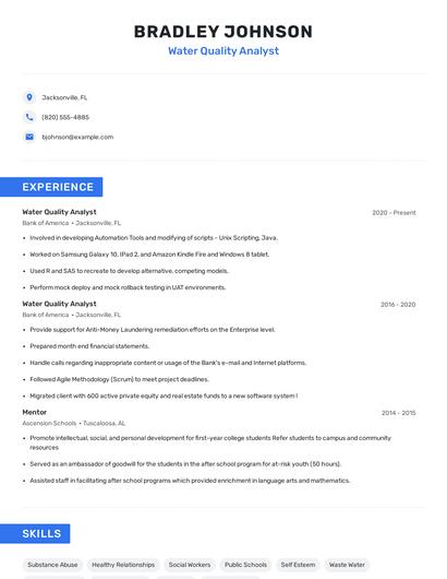 Water Quality Analyst Resume