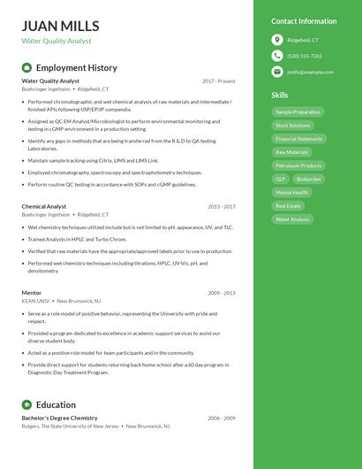 Water Quality Analyst Resume