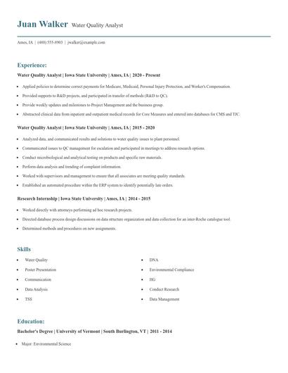 Water Quality Analyst Resume