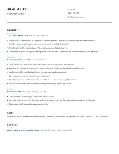 Water Quality Analyst Resume
