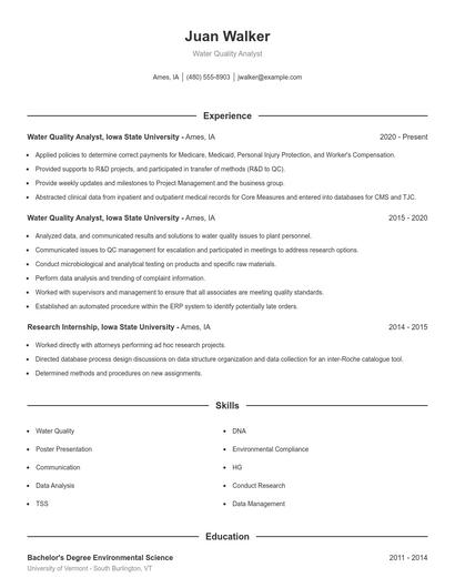 Water Quality Analyst Resume