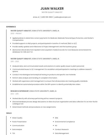 Water Quality Analyst Resume