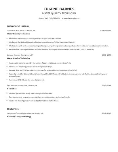 Water Quality Technician Resume