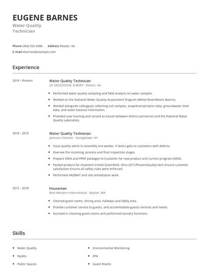 Water Quality Technician Resume
