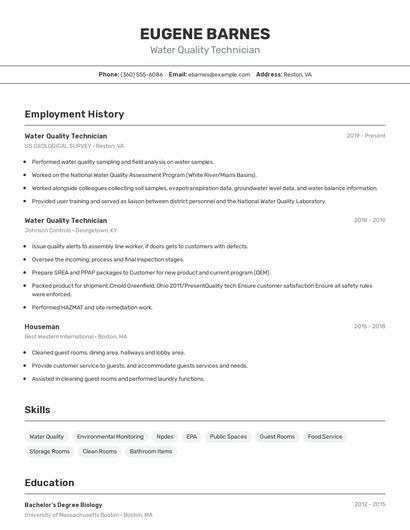 Water Quality Technician Resume