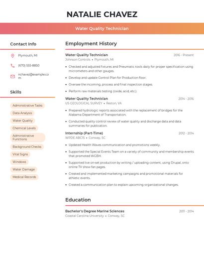 Water Quality Technician Resume