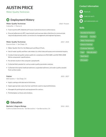 Water Quality Technician Resume