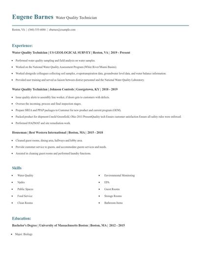 Water Quality Technician Resume