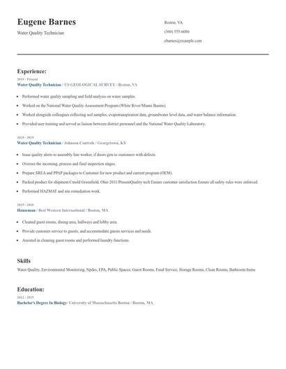 Water Quality Technician Resume