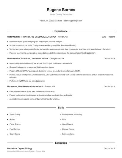 Water Quality Technician Resume