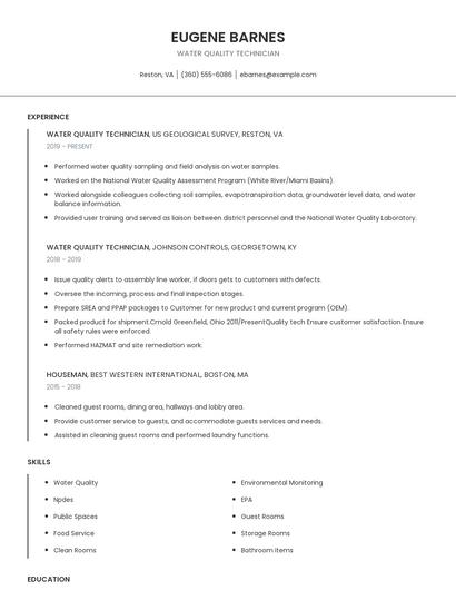 Water Quality Technician Resume