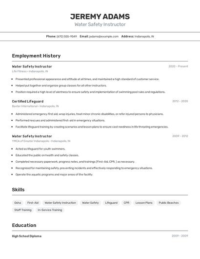 Water Safety Instructor Resume