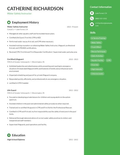Water Safety Instructor Resume