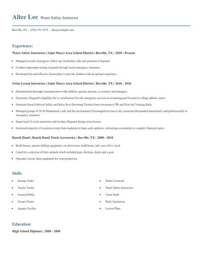 Water Safety Instructor Resume