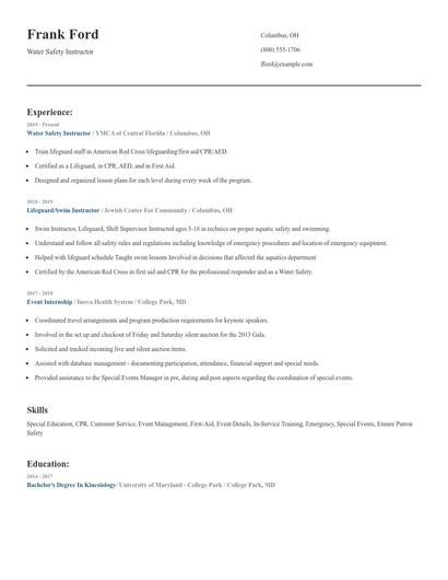 Water Safety Instructor Resume