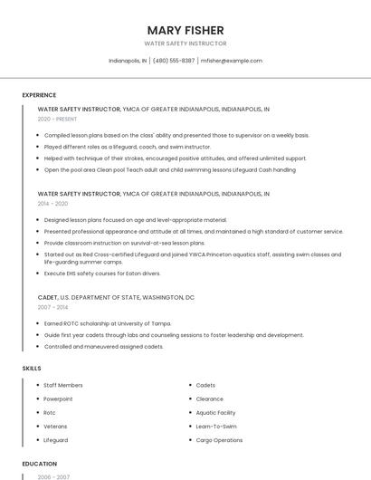 Water Safety Instructor Resume