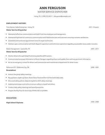 Water Service Dispatcher Resume