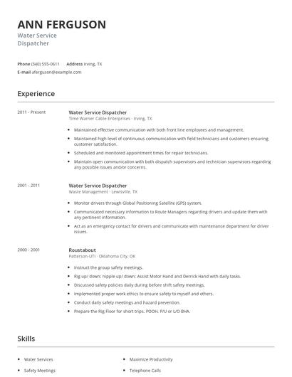 Water Service Dispatcher Resume