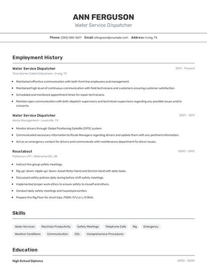 Water Service Dispatcher Resume