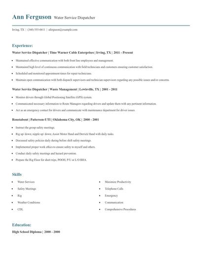 Water Service Dispatcher Resume