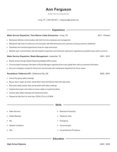 Water Service Dispatcher Resume