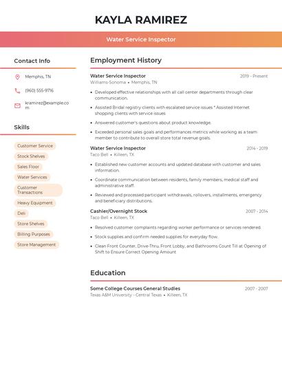 Water Service Inspector Resume