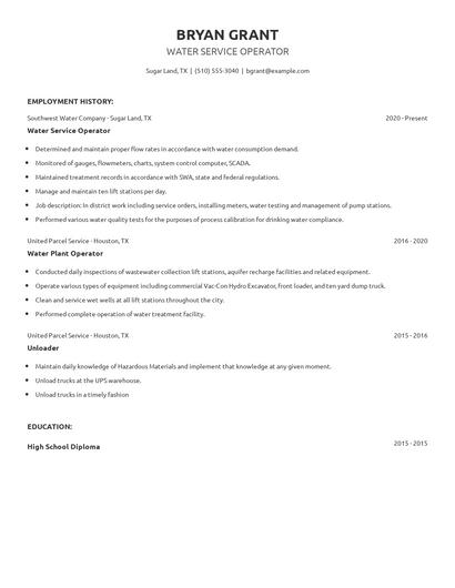 Water Service Operator Resume