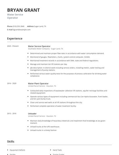 Water Service Operator Resume
