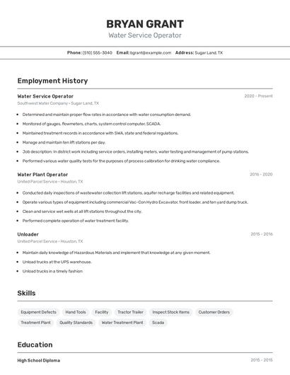 Water Service Operator Resume