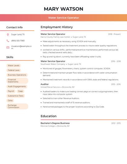 Water Service Operator Resume